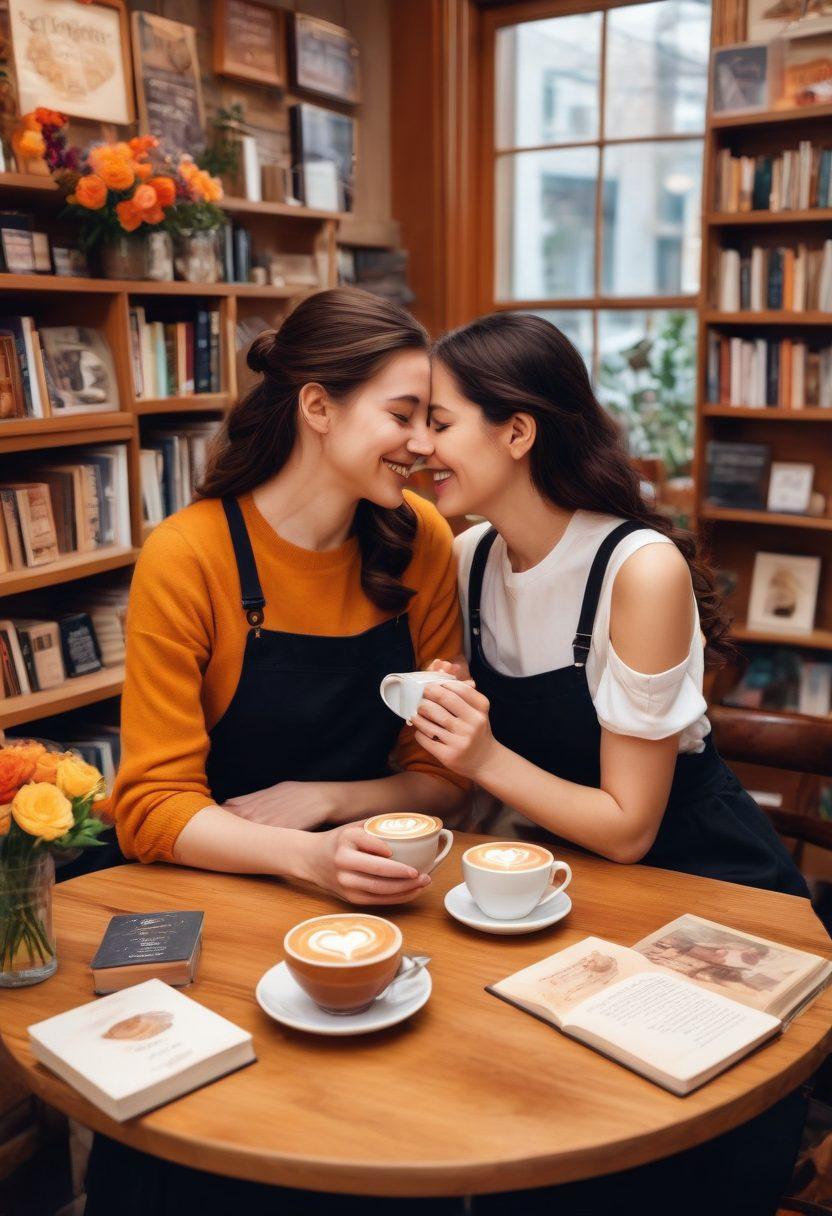 A cozy café setting with heart-shaped latte art, couples sharing intimate conversations, and a barista making coffee with a warm smile. Include elements like books and flowers to symbolize love and wisdom. vibrant colors. warm tones. super-realistic.