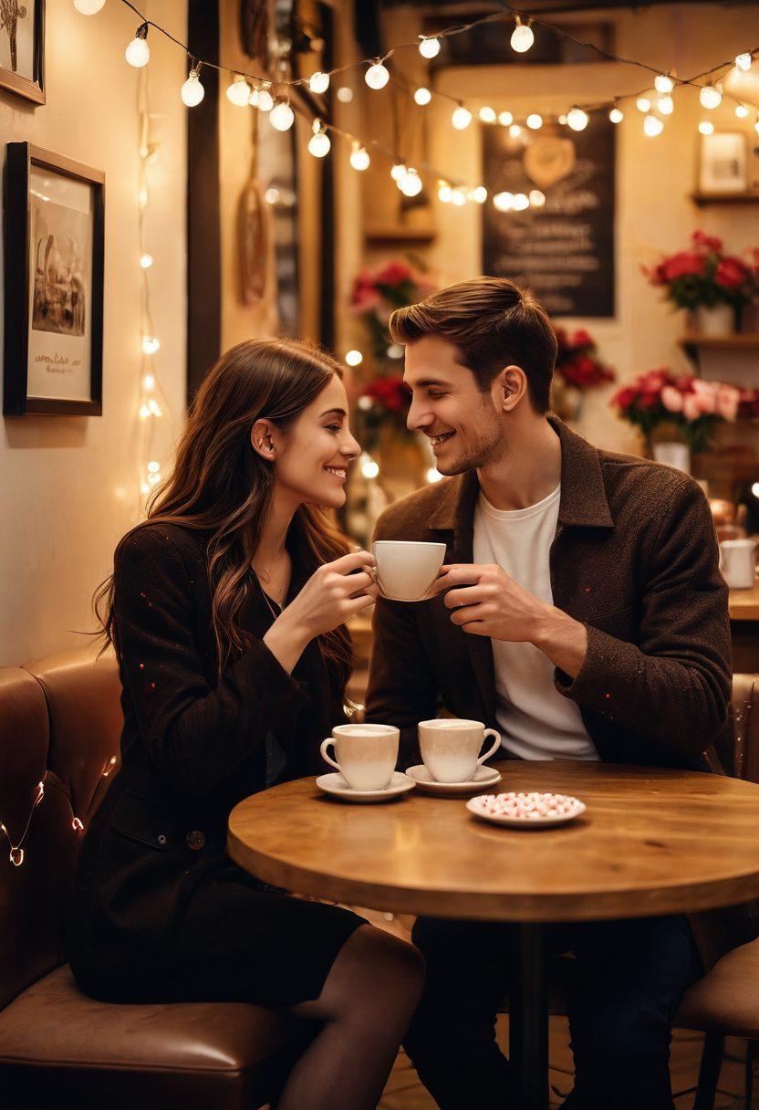 A cozy, intimate café with a couple sharing a steaming cup of coffee, their hands gently touching. Fairy lights drape around them, casting a warm glow. Background filled with soft, romantic elements like rose petals and heart-shaped latte art on nearby tables. Aroma of fresh coffee beans fills the air. painting. vibrant colors.