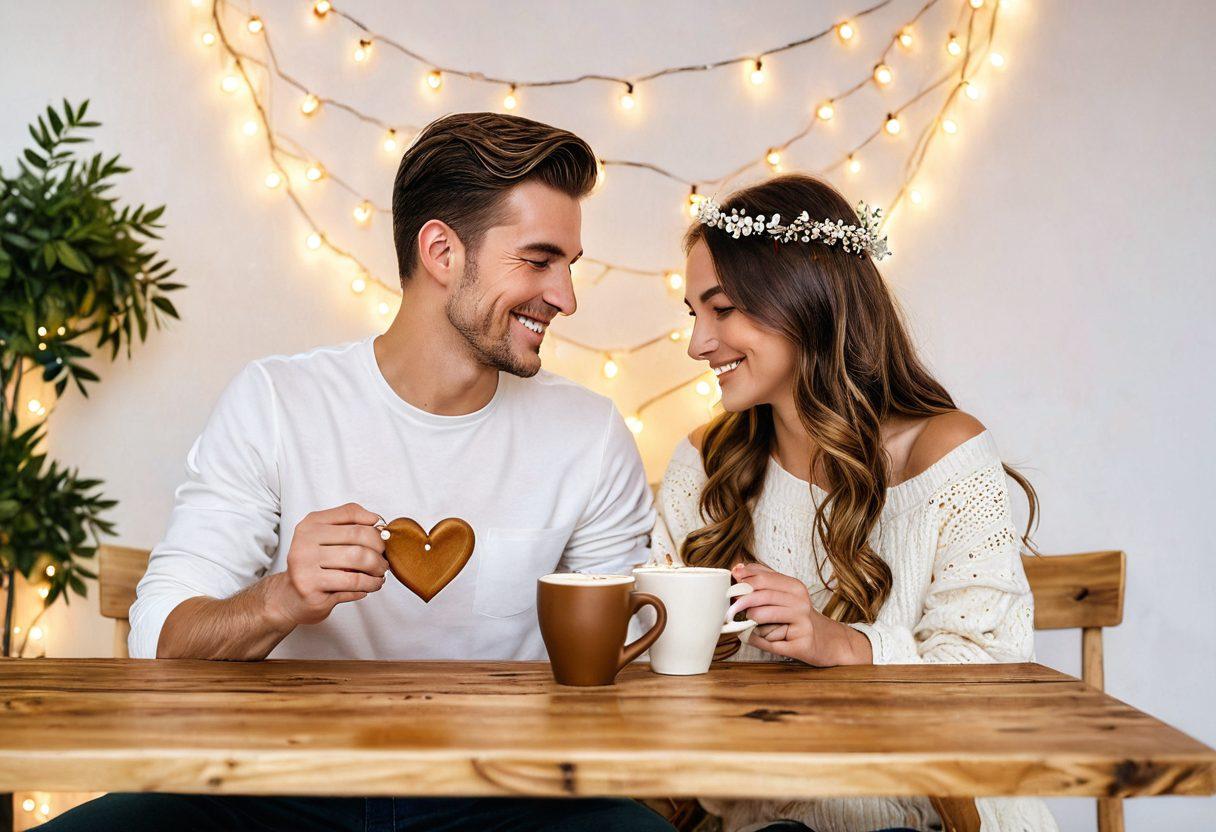 A cozy, warmly-lit cafe scene with a couple enjoying lattes at a rustic wooden table. There's a heart-shaped latte art in the cups, fairy lights twinkling around, and soft, romantic decor. The couple is sharing a gentle laugh, creating a sense of connection and intimacy. Close-up details of the lattes and the couple's intertwined fingers add to the romance. super-realistic. vibrant colors. white background.